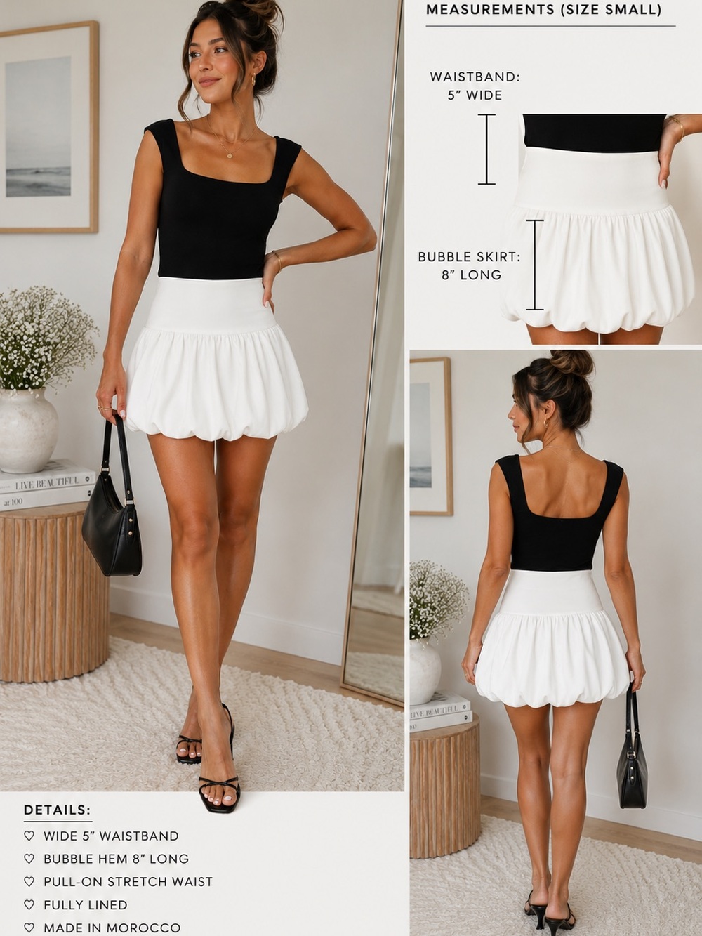 Zara White Bubble Mini Skirt Balloon Hem Pull-On Stretch Waist Size Small